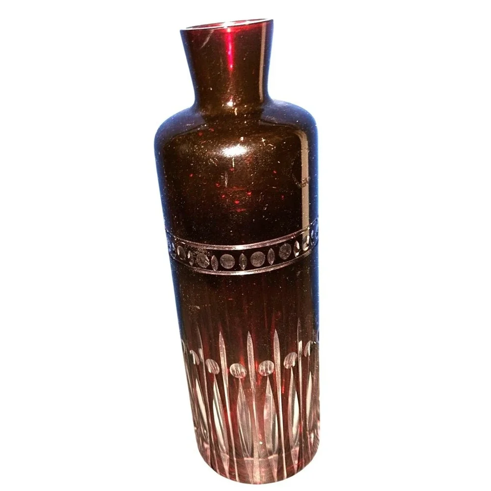 Vintage Vase Ruby Red Cut to Clear Bohemian Glass 10 Inches Tall